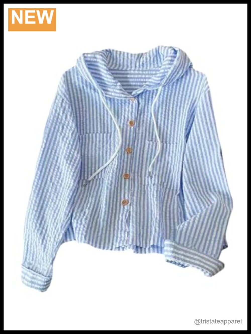 Women's Striped Hooded Button Down Shirt Textured Long Sleeve Blouse Preppy